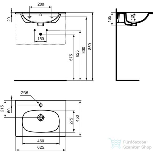 Ideal Standard TESI 62,5x45 cm-es falra/bútorra szerelhető mosdó,matt fehér T3510V1