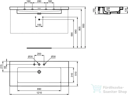 Ideal Standard EXTRA 121x51 cm-es falra/bútorra szerelhető mosdó 3 csaplyukkal,fehér T437201
