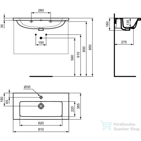 Ideal Standard I.Life S 81x38,5 cm-es falra/bútorra szerelhető mosdó,fehér T458901