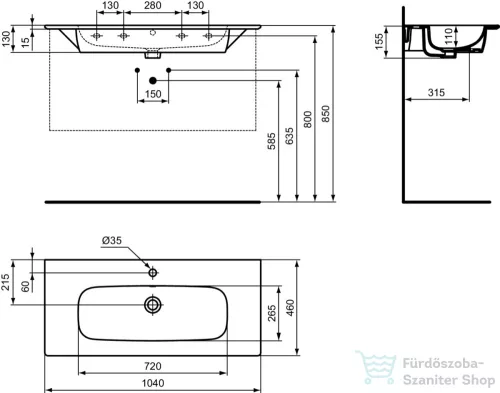 Ideal Standard I.Life A 104x46 cm-es falra/bútorra szerelhető mosdó,fehér T462101