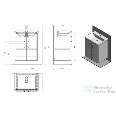 Sapho THEIA mosdótartó szekrény, 2 ajtóval, 56x70x44cm, ezüst tölgy (TH062-1111)