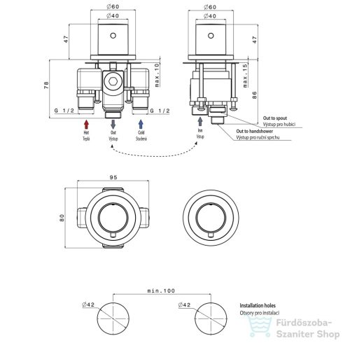 Sapho GO 2 részes kádperemre szerelhető, termosztátos kádtöltő csaptelep, váltóval, kádbeömlő nélkül, króm TH100