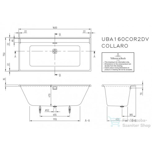 Villeroy & Boch Collaro 160x75 egyenes fürdőkád, gold le-túlfolyóval UBA160COR2JV-01