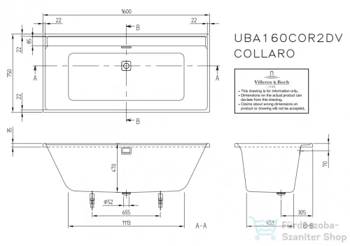 Villeroy & Boch Collaro 160x75 egyenes fürdőkád, gold le-túlfolyóval UBA160COR2JV-01