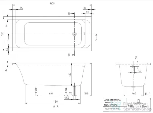 Villeroy & Boch Architectura 160x70 egyenes akril fürdőkád UBA167ARA2V-01