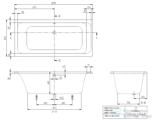 Villeroy & Boch Architectura 170x80 egyenes akril fürdőkád UBA178ARA2V-01