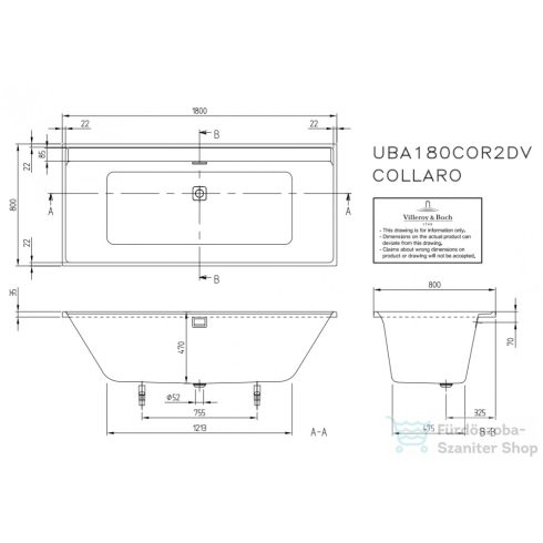 Villeroy & Boch Collaro 180x80 egyenes fürdőkád, fehér le-túlfolyóval UBA180COR2PV-01