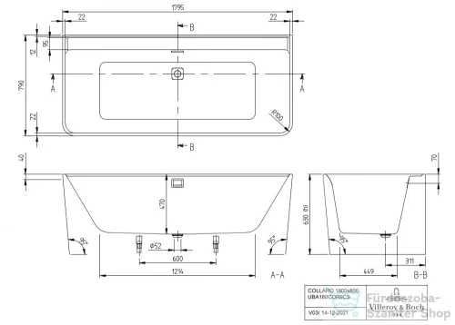 Villeroy & Boch Collaro 180x80 falra tolható kád  chrome lefolyóval UBA180COR9CS00VD01