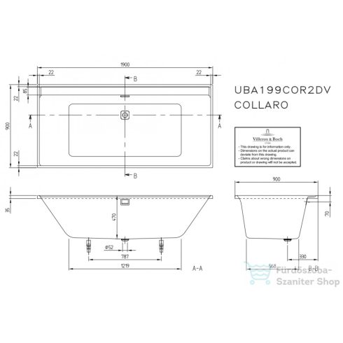 Villeroy & Boch Collaro 190x90 egyenes fürdőkád, black matt le-túlfolyóval UBA199COR2NV-01