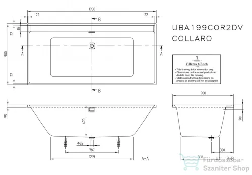 Villeroy & Boch Collaro 190x90 egyenes fürdőkád, black matt le-túlfolyóval UBA199COR2NV-01