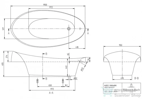 Villeroy & Boch Aveo 190x95 ovális beépíthető fürdőkád UBQ194AVE7V-01