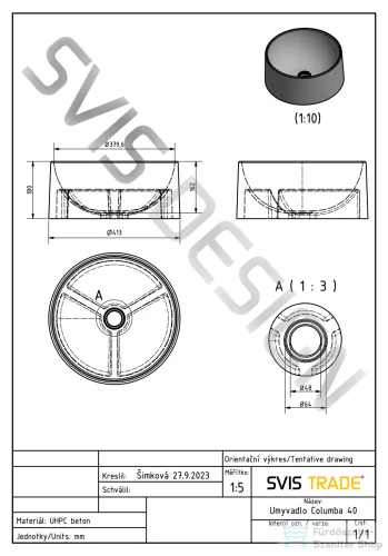 Svis Design mosdó 40 cm COLUMBA SANDBLASTED - natúr, dekor nélkül, matt lakk UBX.COLUMBA.SB.040.000.00.00.1