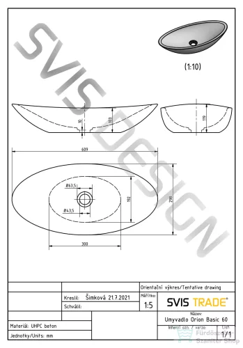 Svis Design ORION SANDBLASTED mosdó 60 cm - közepes szürke, dekor nélkül, matt lakk UBX.ORION.SB.060.904.00.00.1