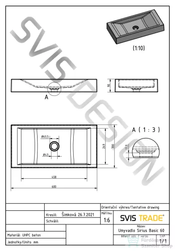 Svis Design mosdó 60 cm SIRIUS BASIC - SPLASH, zöld, matt lakk UBX.SIRIUS.BC.060.000.SP.01.1