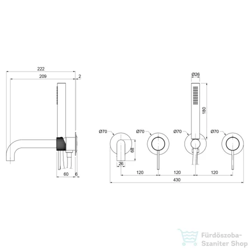Sapho ULTRASAN falba süllyesztett csaptelep, zuhanyszettel és kifolyócsővel, 2-irányú, matt fekete/matt arany (UT093VBG)