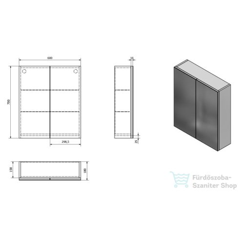 AQUALINE VEGA tükrösszekrény, 60x70x18, fehér VG060
