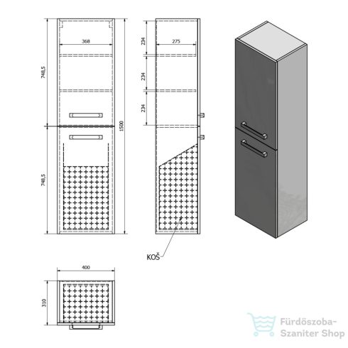 AQUALINE VEGA állószekrény, szennyestartóval, 40x150x31cm VG160