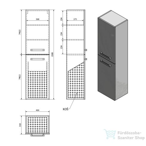 AQUALINE VEGA állószekrény, szennyestratóval, 40x150x31cm, platinatölgy VG960