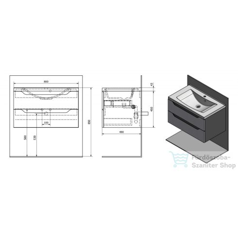 Sapho WAVE II mosdótartó szekrény, 2 fiókkal, pipererendezővel, 80x45x48cm, fehér (WA080-3030)