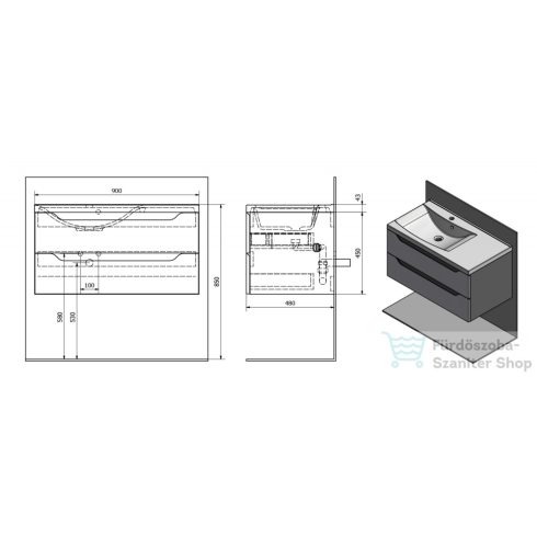 Sapho WAVE II mosdótartó szekrény, 2 fiókkal, pipererendezővel, balos, 90x45x48cm, fehér/ezüst tölgy (WA092-3011)