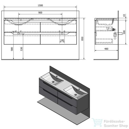 Sapho WAVE II mosdótartó szekrény 150x50x48cm, fehér/maliwenge WA150