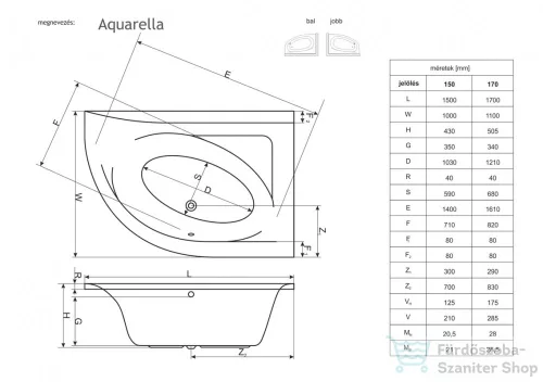 Niwell Aquarella 150x100 aszimetrikus kád, balos