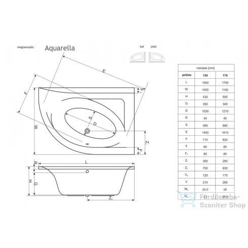 Niwell Aquarella 170x110 aszimetrikus kád, balos