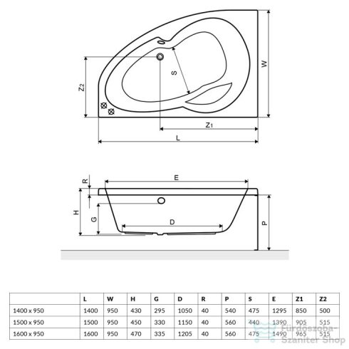 Niwell Nelly 150x95 aszimetrikus kád, balos