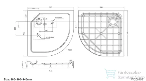 Wellis SMC 90x90x15 cm-es íves magas zuhanytálca, zuhanyszifonnal WC00405