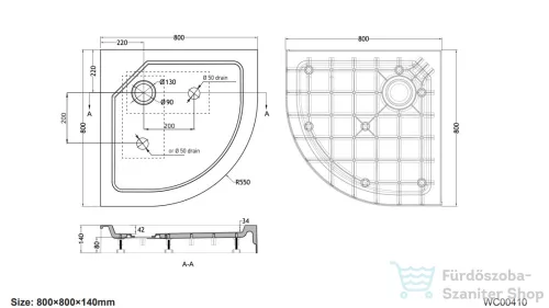 Wellis SMC 80x80x15 cm-es íves magas zuhanytálca, zuhanyszifonnal WC00410