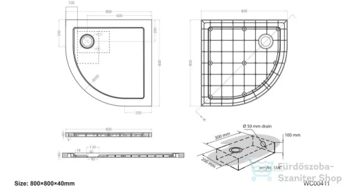 Wellis SMC 80x80x4 cm-es íves lapos zuhanytálca, zuhanyszifonnal WC00411