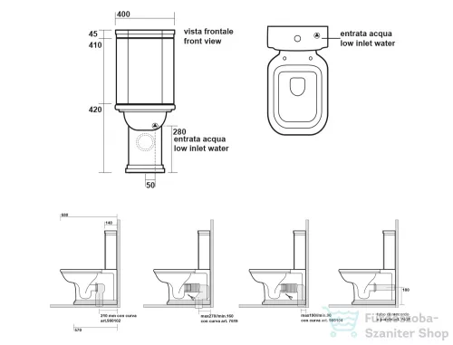 Sapho KERASAN WALDORF kombi WC, alsó/hátsó kifolyású, tartállyal, öblítőmechanikával, ülőke nélkül, fehér/bronz (WCSET18-WALDORF)