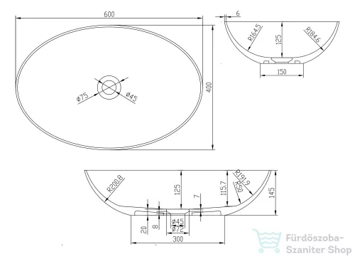 Sapho THIN ovális mosdó, 600x400x145 mm, matt fehér WN893