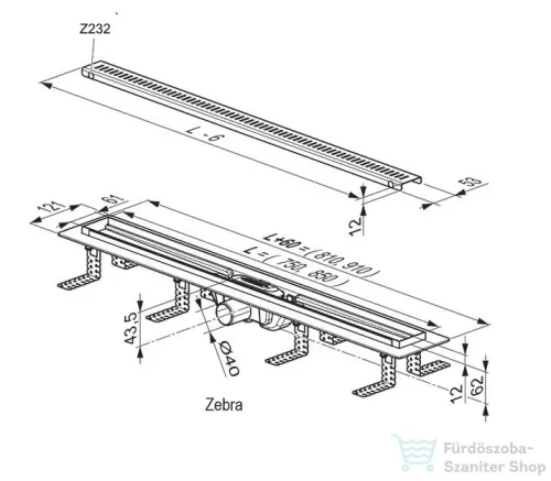 Ravak ZEBRA 850mm-es zuhanyfolyóka, rozsdamentes acél X01434