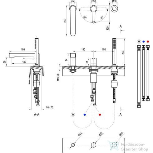 Ravak PURI Black PU 026.20 három üléses fürdőkád csaptelep, matt fekete X070186