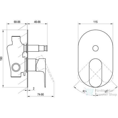 Ravak Eleganta falsík alatti kád /zuhany csaptelep belső egységgel,króm X070218