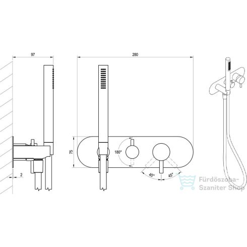 Ravak Espirit 2 utas falsík alatti kád/zuhany csaptelep kézi zuhanyszettel,belső egység nélkül,Graphite brushed X070324