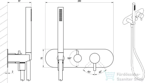 Ravak Espirit 2 utas falsík alatti kád/zuhany csaptelep kézi zuhanyszettel,belső egység nélkül,Graphite brushed X070324