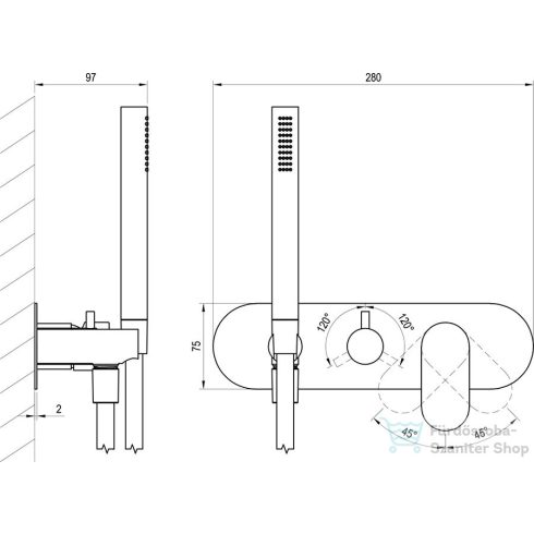 Ravak Eleganta három utas falsík alatti kád/zuhany csaptelep kézi zuhanyszettel,belső egység nélkül,Graphite brushed X070333