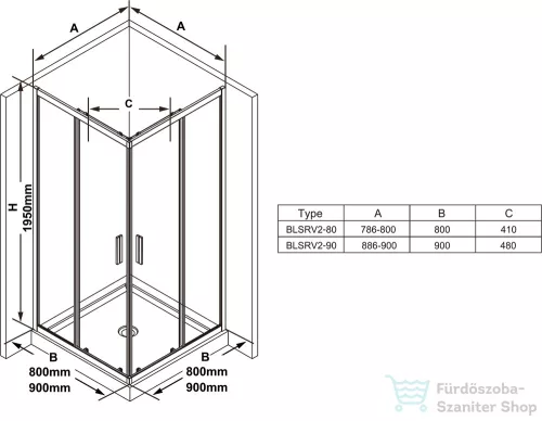 Ravak BLIX SLIM BLSRV2-90 90x90 cm-es tolóajtós zuhanykabin,Fekete+transparent X1LM70300Z1