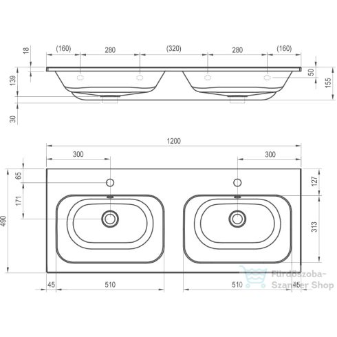 Ravak CHROME Slim 120 duplamosdó furattal, fehér XJG01112001