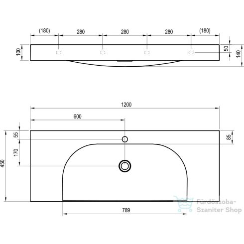 Ravak Lite 120/80 S mosdó, túlfolyó nélkül, csaptelep furattal, fehér XJX01212000