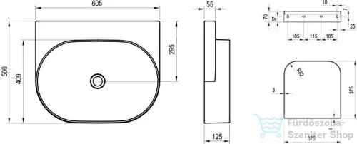 Ravak YARD 60 60,5x50 cm-es konzollal falra szerelhető mosdó csaplyuk-és túlfolyó nélkül,matt fekete XJX0D060000
