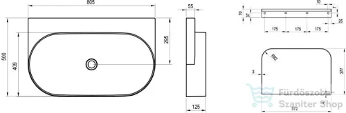 Ravak YARD 80 80,5x50 cm-es konzollal falra szerelhető mosdó csaplyuk-és túlfolyó nélkül,matt fekete XJX0D080000