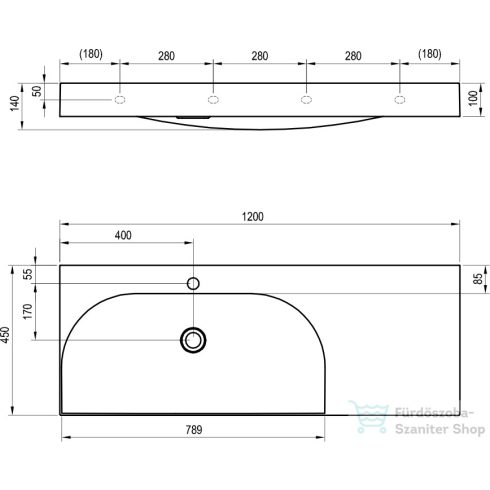 Ravak Lite 120/80 mosdó, túlfolyó nélkül, csaptelep furattal, jobbos, fehér XJXP1212000