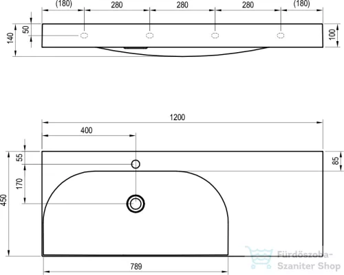 Ravak Lite 120/80 mosdó, túlfolyó nélkül, csaptelep furattal, jobbos, fehér XJXP1212000