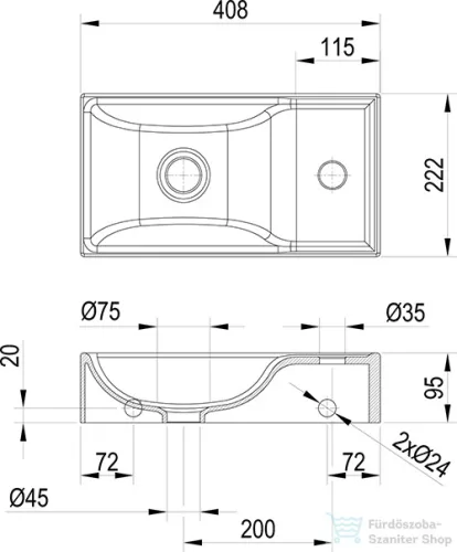 Ravak VEDA Wall 40 mosdó túlfolyó nélkül, jobbos, fehér XJXP1240000