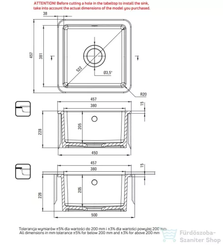 Deante LUMI kerámia mosogató 457x457 mm, fehér ZCU_610B