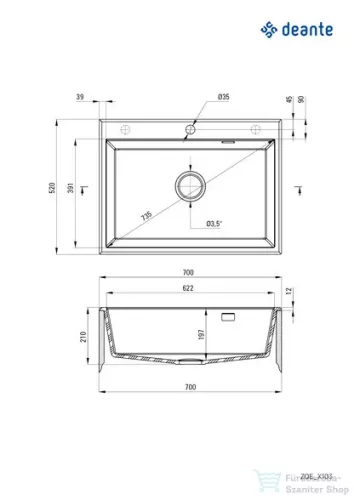 Deante ERIDAN gránit mosogató, 1 medencés, 700x520 mm, fekete ZQE_N103