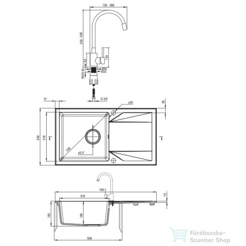 Deante EVORA gránit mosogató szett mosogató csapteleppel, 1 medencés, csepegtetővel, 780x440 mm, fekete ZQJJN113